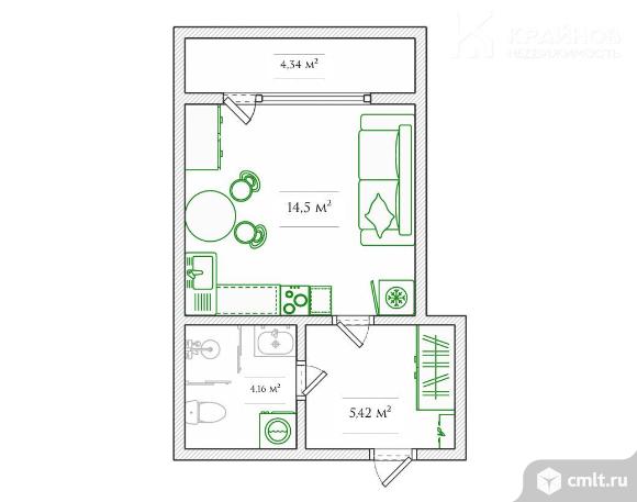 1-комнатная квартира 23,9 кв.м. Фото 1.