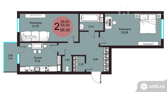 2-комнатная квартира 54,3 кв.м. Фото 1.