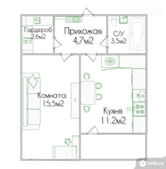 1-комнатная квартира 37,5 кв.м. Фото 16.