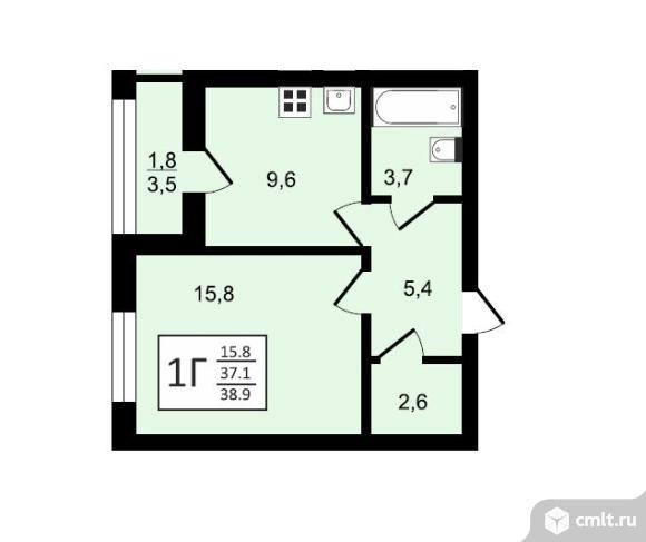 1-комнатная квартира 38,4 кв.м. Фото 1.