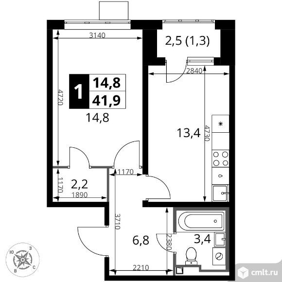 1-комнатная квартира 41,9 кв.м - ЖК "1-й Донской". Фото 1.