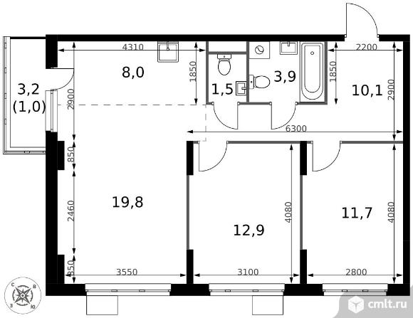 3-комнатная квартира 68,9 кв.м - ЖК "1-й Донской". Фото 1.