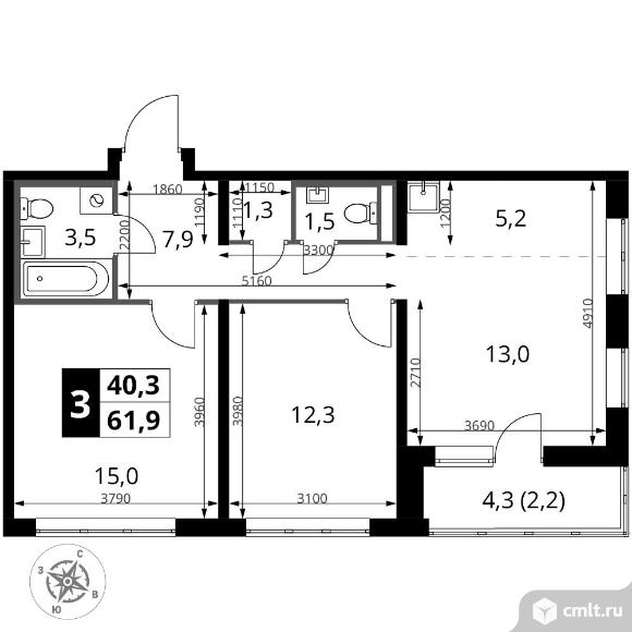 3-комнатная квартира 61,9 кв.м - ЖК "1-й Донской". Фото 1.