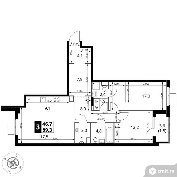 3-комнатная квартира 89,3 кв.м - ЖК "1-й Измайловский". Фото 1.