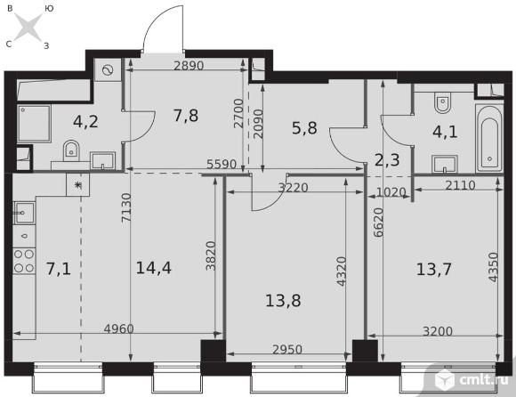 3-комнатная квартира 73,2 кв.м - ЖК "Sydney City". Фото 1.