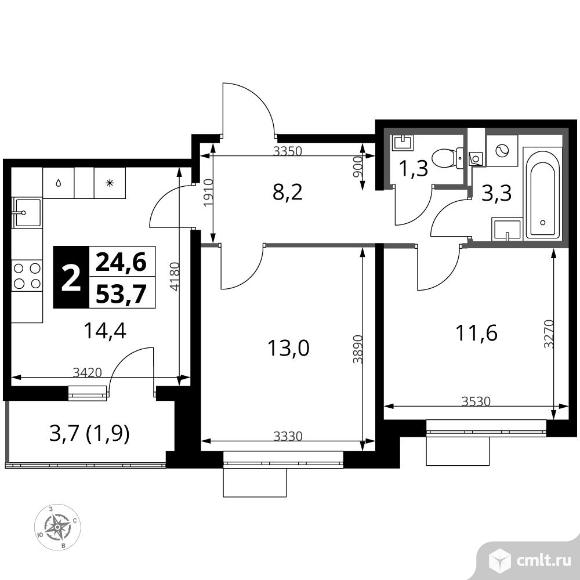 2-комнатная квартира 53,7 кв.м - ЖК "1-й Южный". Фото 1.