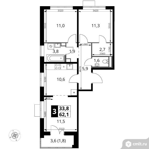 3-комнатная квартира 62,1 кв.м - ЖК "1-й Южный". Фото 1.
