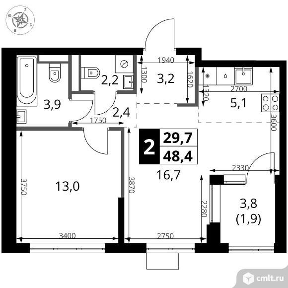 2-комнатная квартира 48,4 кв.м - ЖК "1-й Ясеневский". Фото 1.