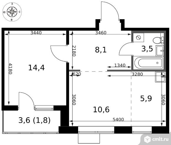 2-комнатная квартира 44,3 кв.м - ЖК "1-й Саларьевский". Фото 1.