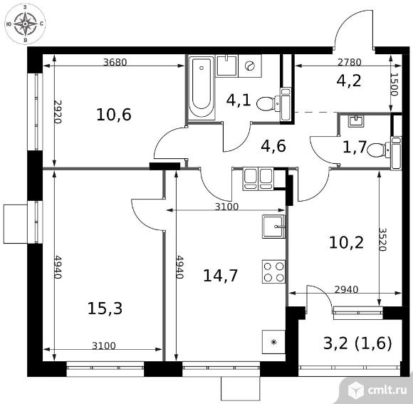 3-комнатная квартира 67 кв.м - ЖК "1-й Саларьевский". Фото 1.