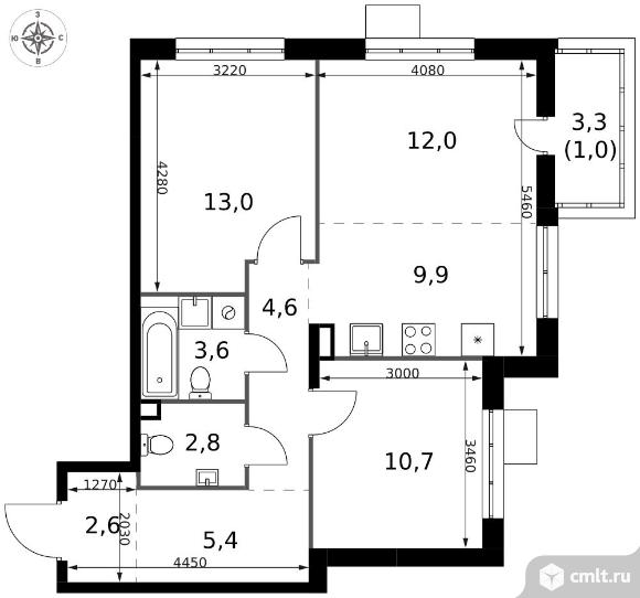 3-комнатная квартира 65,6 кв.м - ЖК "1-й Саларьевский". Фото 1.
