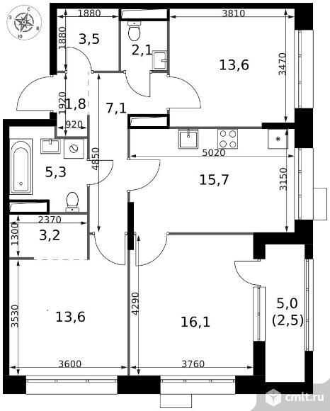 3-комнатная квартира 84,5 кв.м - ЖК "1-й Саларьевский". Фото 1.