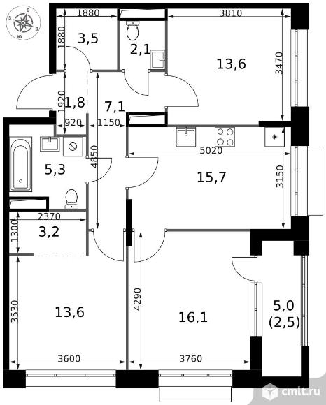 3-комнатная квартира 84,5 кв.м - ЖК "1-й Саларьевский". Фото 1.