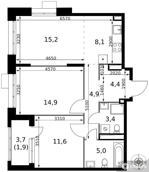 3-комнатная квартира 69,4 кв.м - ЖК "1-й Саларьевский". Фото 1.