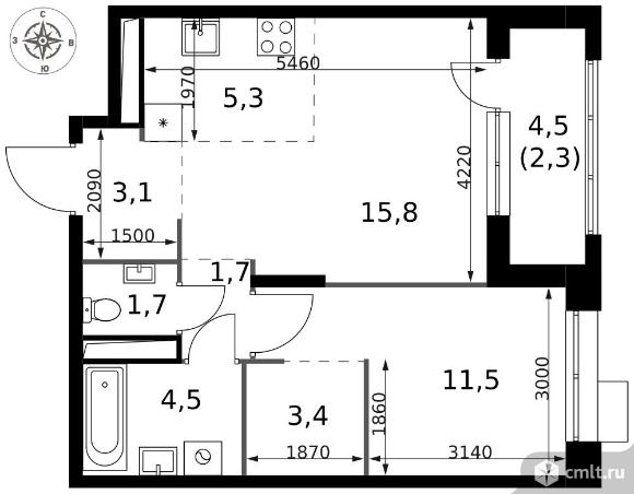 2-комнатная квартира 49,3 кв.м - ЖК "1-й Саларьевский". Фото 1.