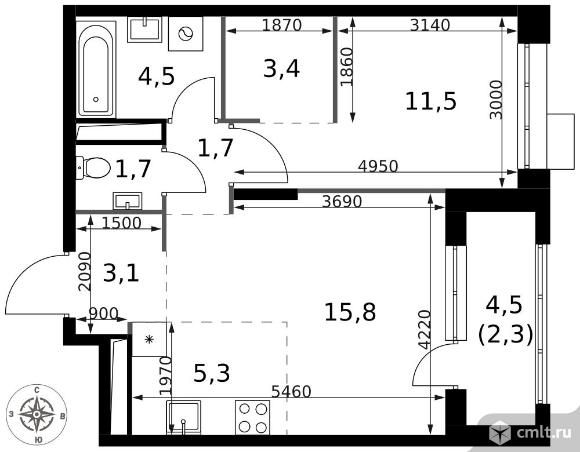 2-комнатная квартира 49,3 кв.м - ЖК "1-й Саларьевский". Фото 1.