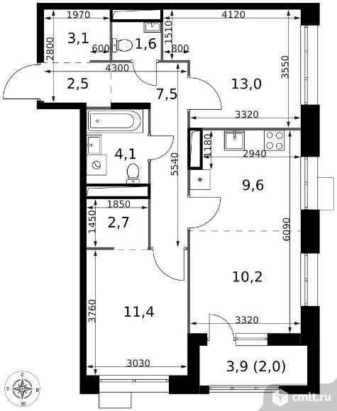 3-комнатная квартира 67,7 кв.м - ЖК "1-й Саларьевский". Фото 1.