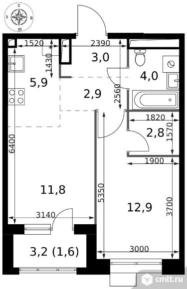 2-комнатная квартира 44,9 кв.м - ЖК "1-й Саларьевский". Фото 1.