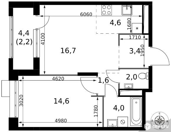 2-комнатная квартира 49,1 кв.м - ЖК "1-й Саларьевский". Фото 1.