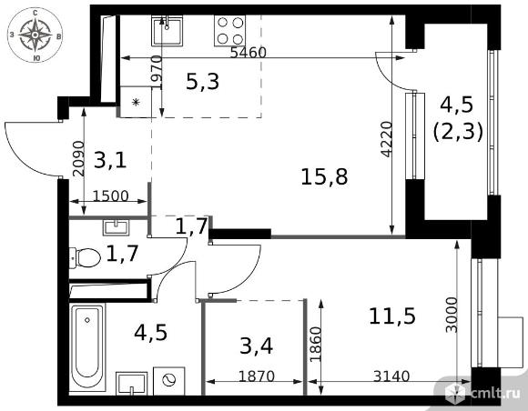 2-комнатная квартира 49,3 кв.м - ЖК "1-й Саларьевский". Фото 1.