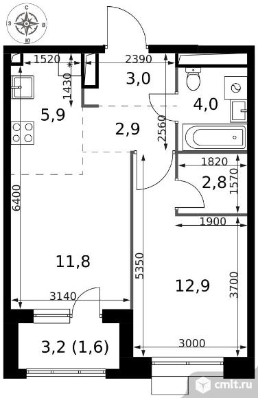 2-комнатная квартира 44,9 кв.м - ЖК "1-й Саларьевский". Фото 1.