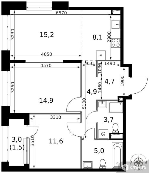 3-комнатная квартира 69,6 кв.м - ЖК "1-й Саларьевский". Фото 1.