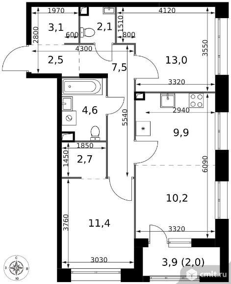 3-комнатная квартира 69 кв.м - ЖК "1-й Саларьевский". Фото 1.