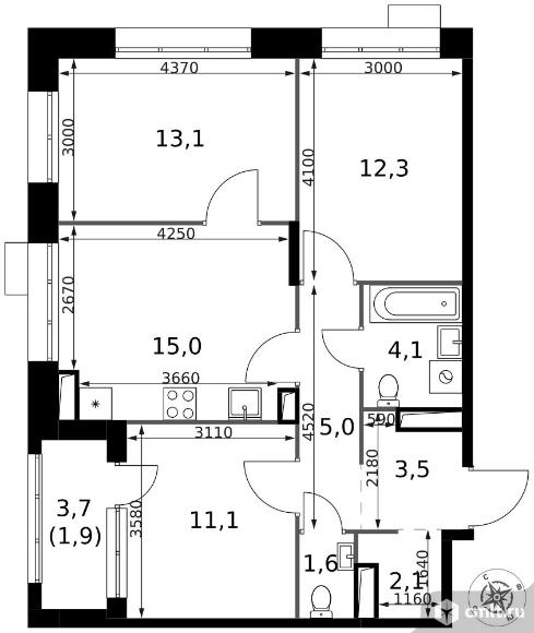 3-комнатная квартира 69,7 кв.м - ЖК "1-й Саларьевский". Фото 1.