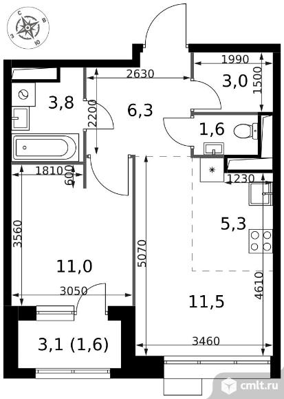 2-комнатная квартира 44,1 кв.м - ЖК "1-й Саларьевский". Фото 1.
