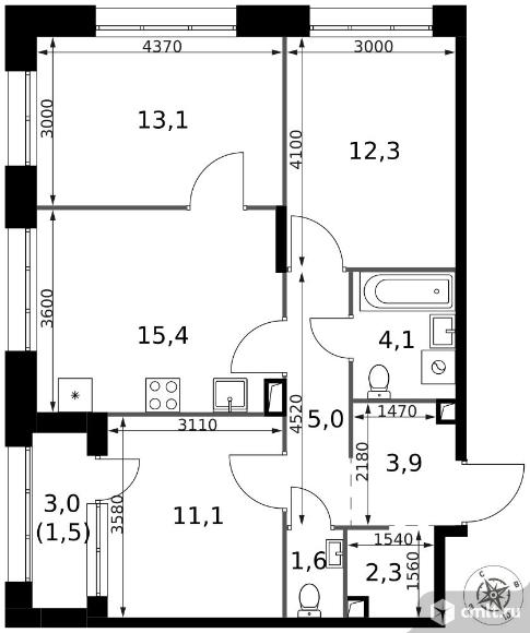 3-комнатная квартира 70,3 кв.м - ЖК "1-й Саларьевский". Фото 1.