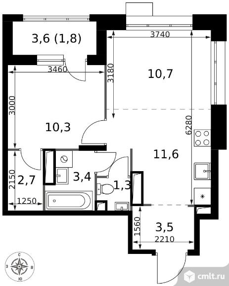 2-комнатная квартира 45,3 кв.м - ЖК "1-й Саларьевский". Фото 1.