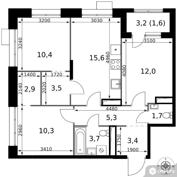 3-комнатная квартира 70,4 кв.м - ЖК "1-й Саларьевский". Фото 1.