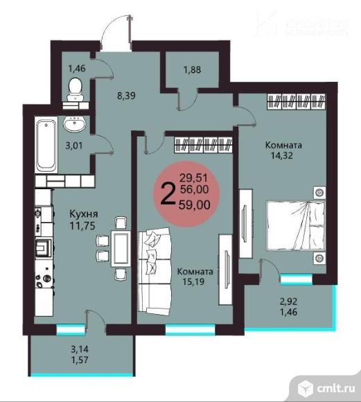 2-комнатная квартира 59,03 кв.м. Фото 15.