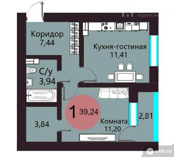 1-комнатная квартира 39,24 кв.м. Фото 1.