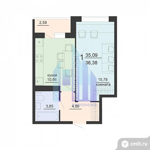 1-комнатная квартира 37,81 кв.м. Фото 4.