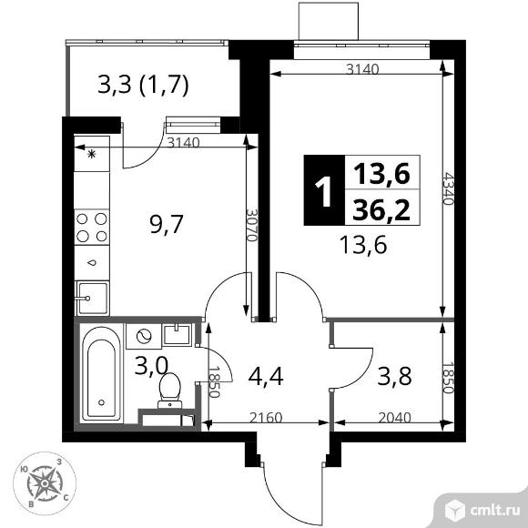 1-комнатная квартира 36,2 кв.м - ЖК "1-й Донской". Фото 1.