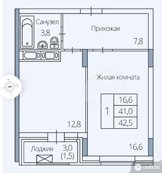1-комнатная квартира 42 кв.м. Фото 14.
