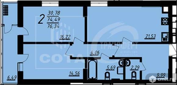 2-комнатная квартира 75,35 кв.м. Фото 2.