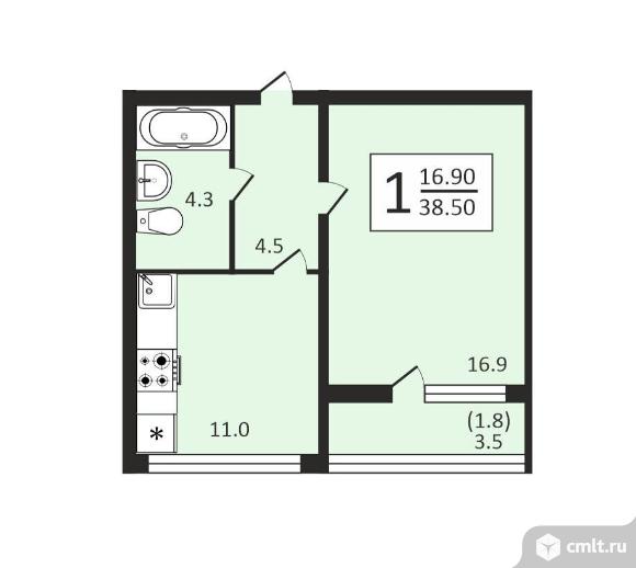 1-комнатная квартира 38,3 кв.м. Фото 1.