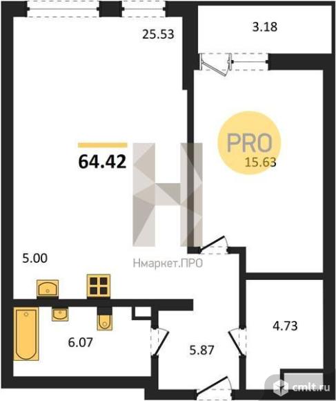 1-комнатная квартира 64,42 кв.м. Фото 12.