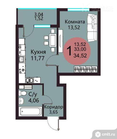 1-комнатная квартира 34,52 кв.м. Фото 9.