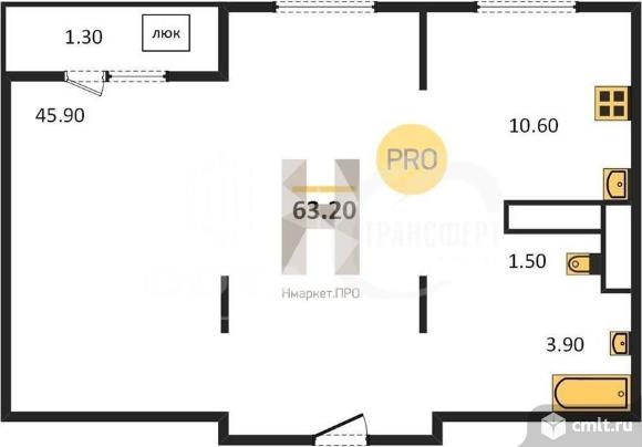 1-комнатная квартира 63,2 кв.м. Фото 8.