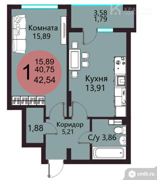 1-комнатная квартира 42,54 кв.м. Фото 1.