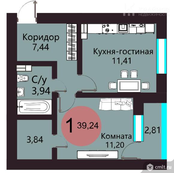 1-комнатная квартира 39,24 кв.м. Фото 1.
