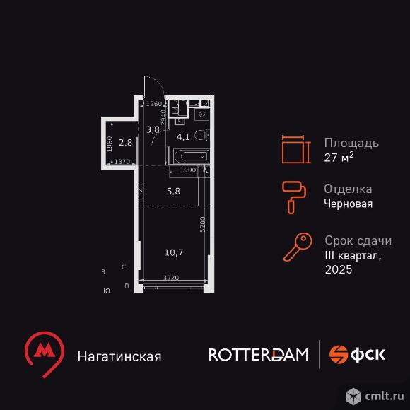 1-комнатная квартира 27,2 кв.м. Фото 1.