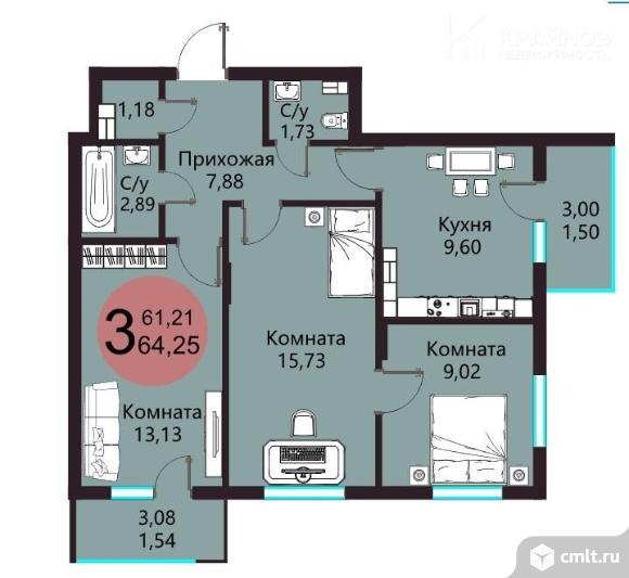 3-комнатная квартира 64,25 кв.м. Фото 1.
