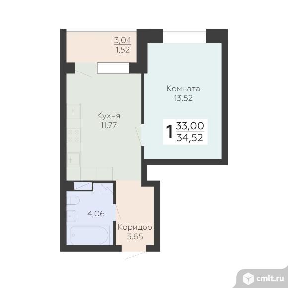 1-комнатная квартира 34,52 кв.м. Фото 1.