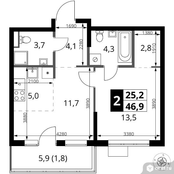 2-комнатная квартира 46,9 кв.м. Фото 1.