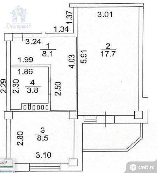 1-комнатная квартира 38,1 кв.м. Фото 1.