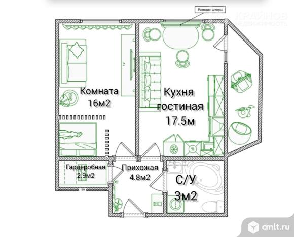1-комнатная квартира 45 кв.м. Фото 1.